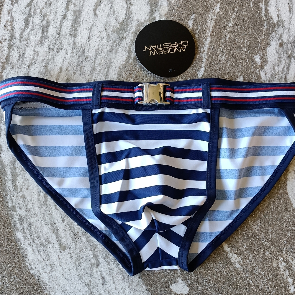 Andrew Christian Navy and White Striped Swim Trunks